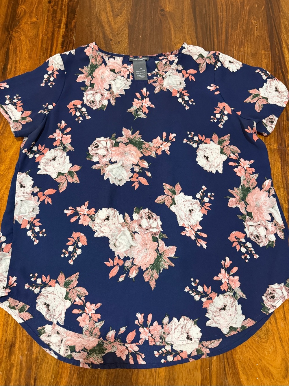 Chelsea & Theodore Navy Floral Short Sleeve Blouse